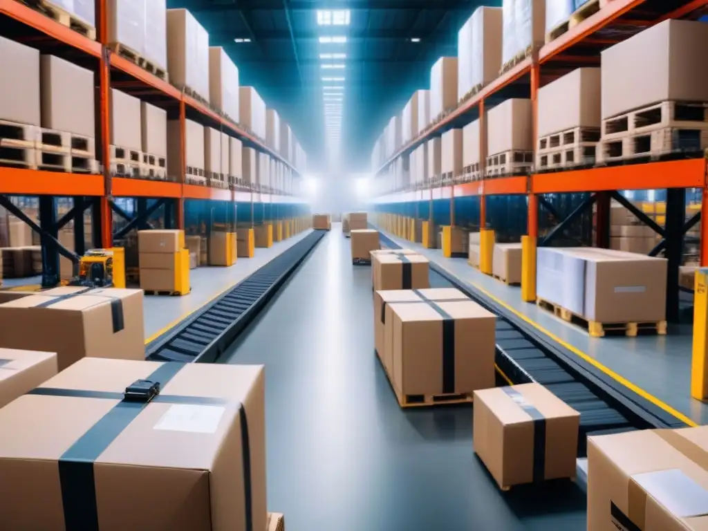 Almacén robótico: eficiencia digital en logística Un almacén digitalizado con tecnología avanzada y operarios eficientes, reflejando soluciones tecnológicas para logística eficiente