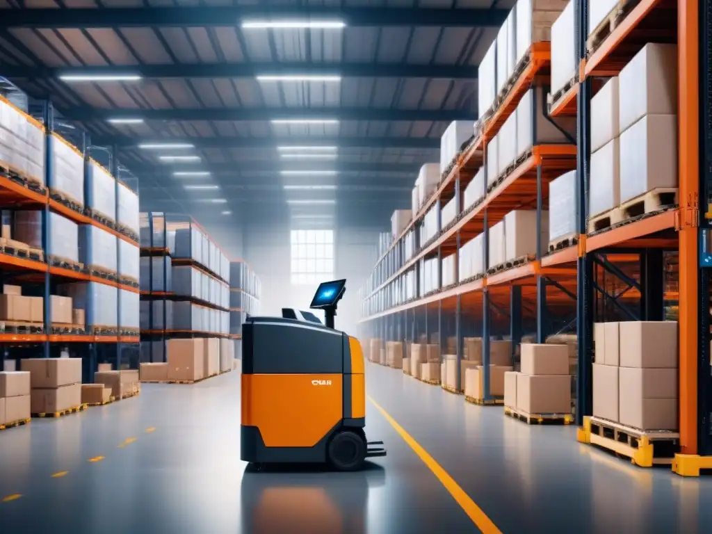 Almacén futurista: integración tecnológica y eficiencia logística Un almacén futurista con avanzados sistemas robóticos gestionando eficientemente operaciones logísticas, iluminado y organizado