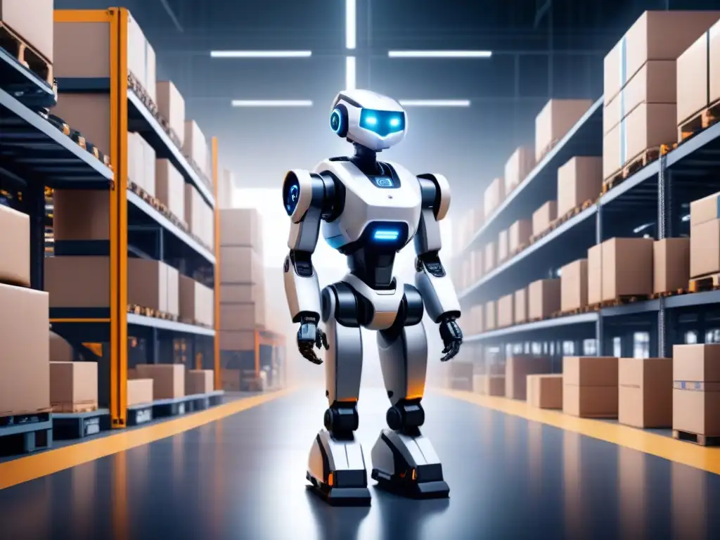 Almacén futurista: robots y AI en logística eficiente Un almacén futurista con brazos robóticos ordenando paquetes, reflejando la Inteligencia Artificial en Logística Eficaz