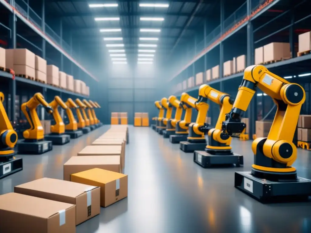 Almacén robotizado de alta tecnología: eficiencia logística futurista Un almacén futurista con brazos robóticos clasificando y apilando cajas, destacando el potencial de las robóticas en gestión logística