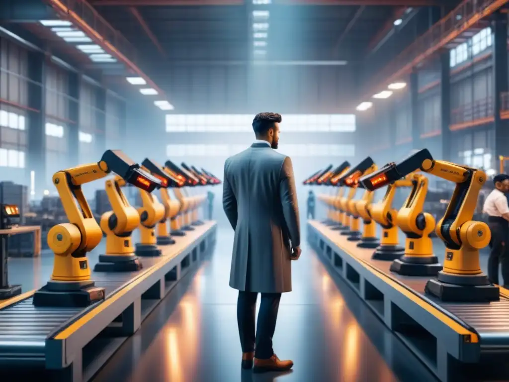 Almacén futurista: Automatización de alta tecnología para microfulfillment Un almacén futurista con brazos robóticos y trabajadores supervisando, reflejando la capacitación en gestión de talento