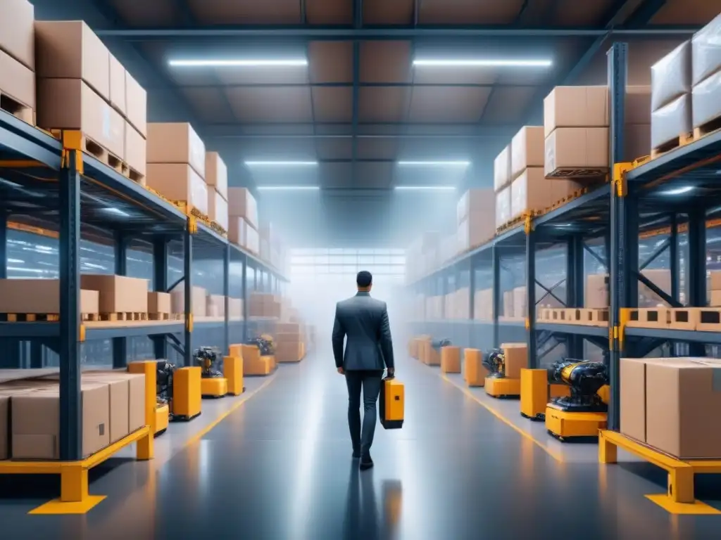Almacén futurista: Robótica y AI en logística omnicanal Un almacén futurista con brazos robóticos organizando paquetes, mientras la Inteligencia Artificial supervisa desde un centro de control