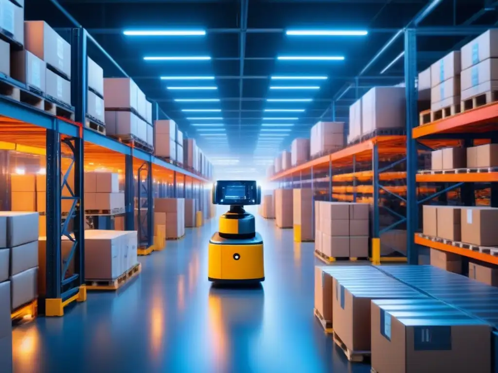 Almacén robótico de alta tecnología en acción Un almacén futurista con brazos robóticos moviendo cajas y empleados monitoreando datos en pantallas