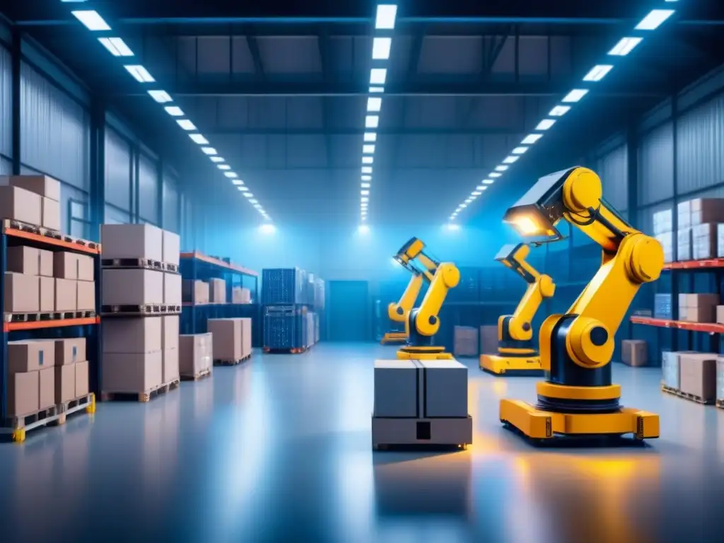 Almacén futurista: robots y tecnología moderna en acción Un almacén futurista con brazos robóticos y sistemas automatizados, iluminado por una luz azul