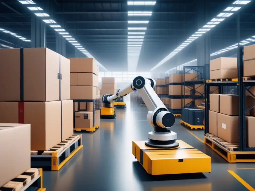 Un almacén futurista con brazos robóticos avanzados organizando paquetes con precisión