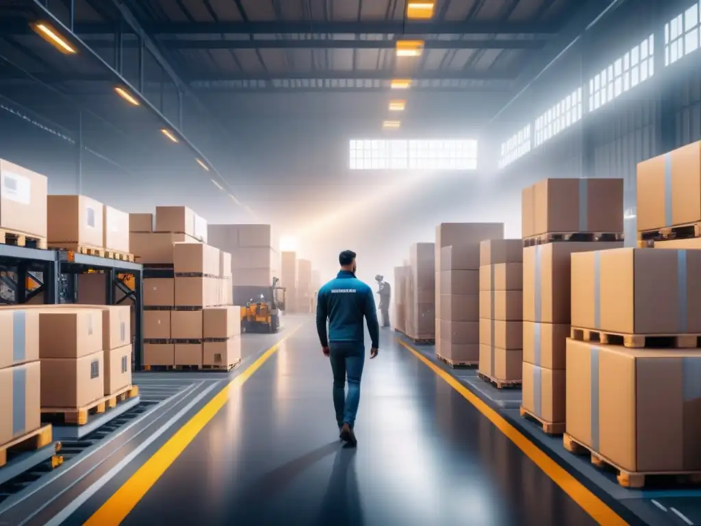 Un almacén futurista con brazos robóticos y trabajadores humanos supervisando