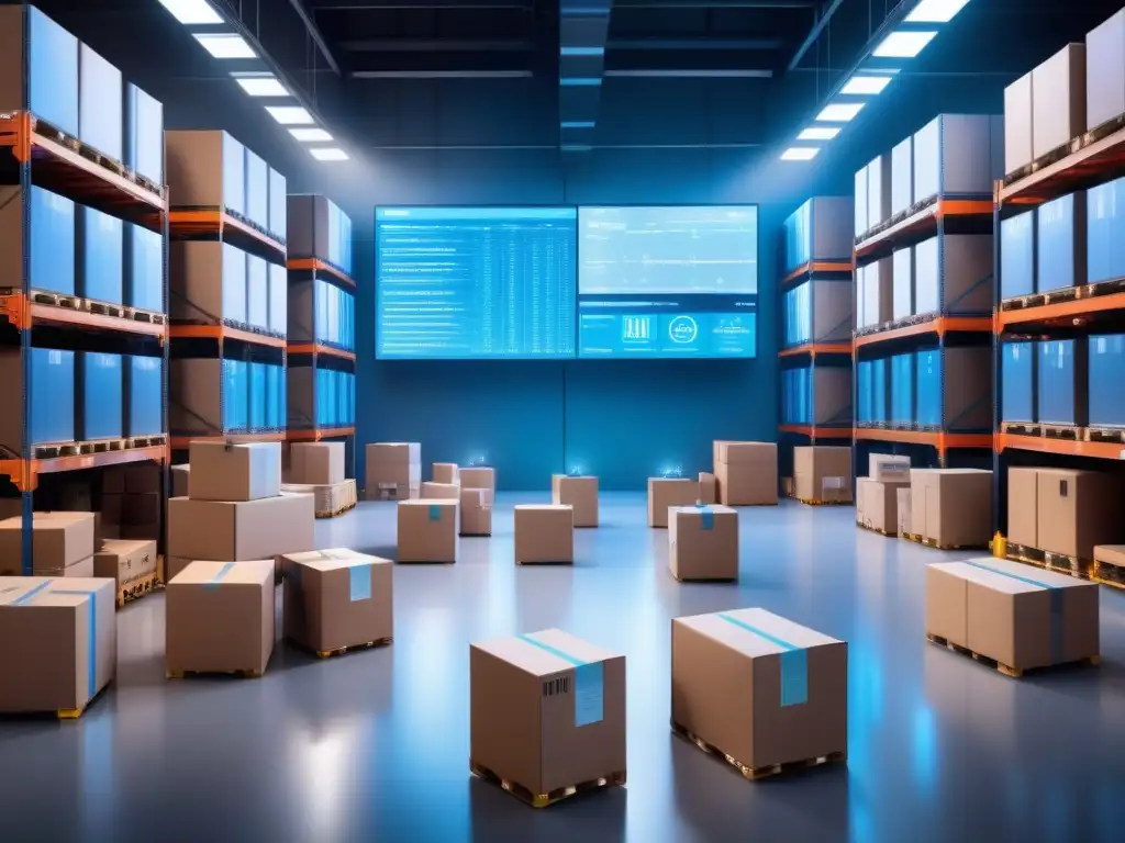 Almacén del futuro: Danza tecnológica de robots y datos Un almacén futurista bullicioso, con brazos robóticos moviendo cajas, en una danza tecnológica