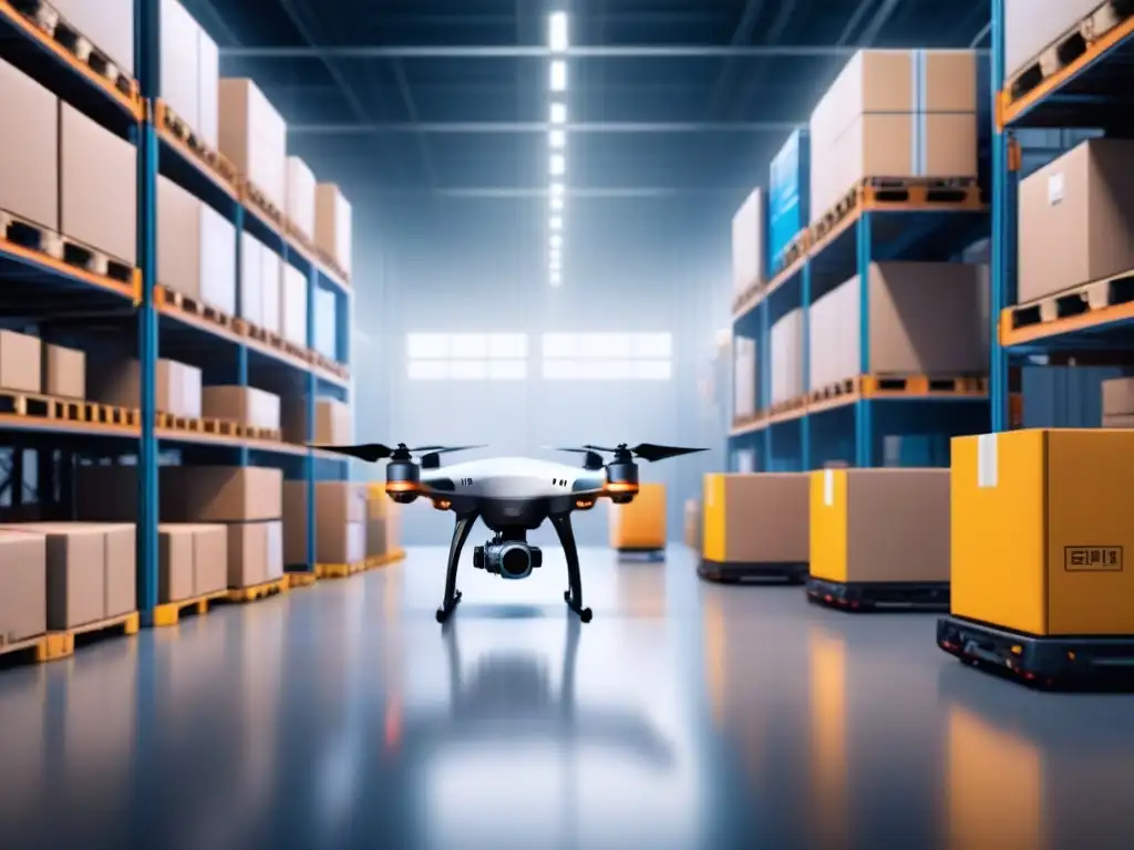 Centro logístico del futuro: drones y robots autónomos en acción Un almacén futurista bullicioso con drones y robots autónomos transportando paquetes, mostrando soluciones de startups innovadoras logística transporte