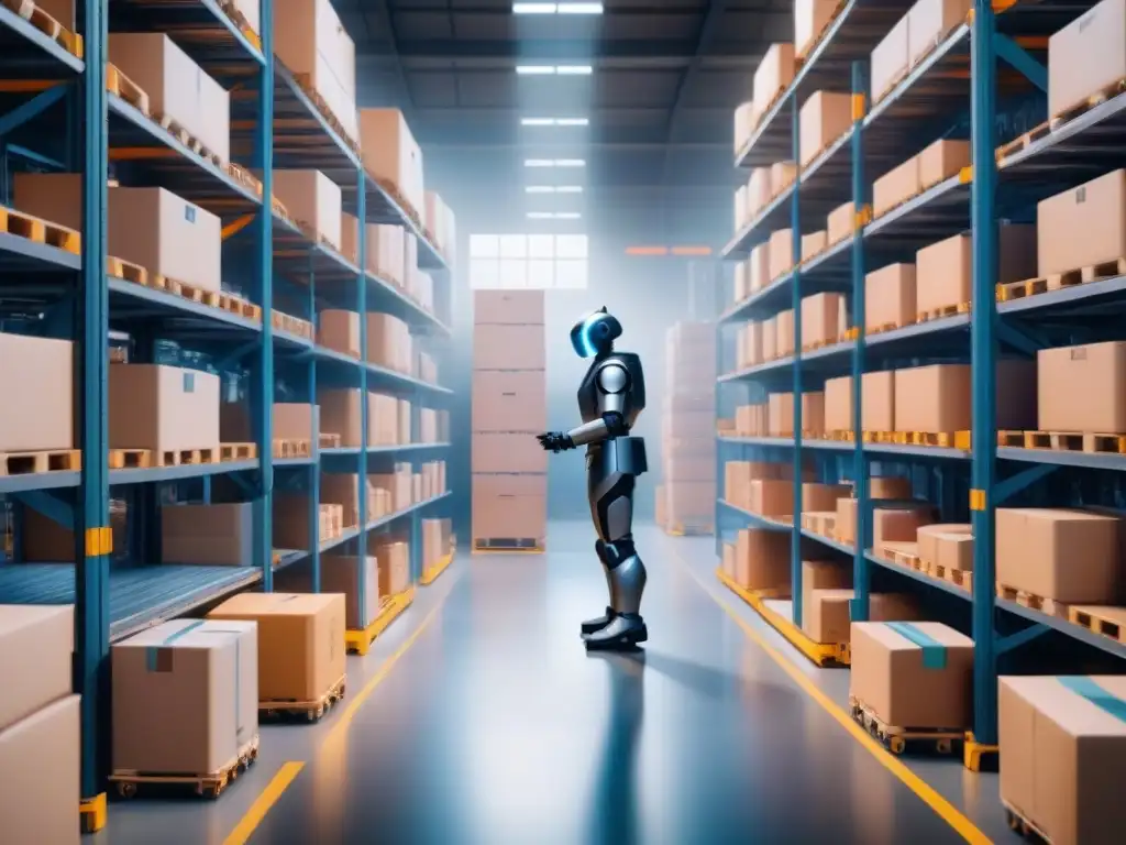 Almacén del futuro: robots autónomos revolucionando la logística Un almacén futurista bullicioso con robots autónomos organizando mercancías, creando armonía entre humanos y tecnología