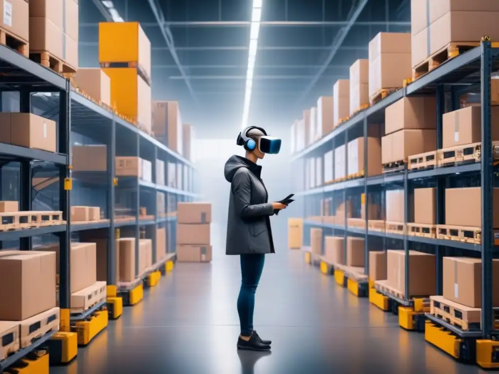 Almacén logístico del futuro: robots autónomos, drones y AR Un almacén futurista bullicioso, con robots autónomos, drones y trabajadores usando tecnologías emergentes para logística
