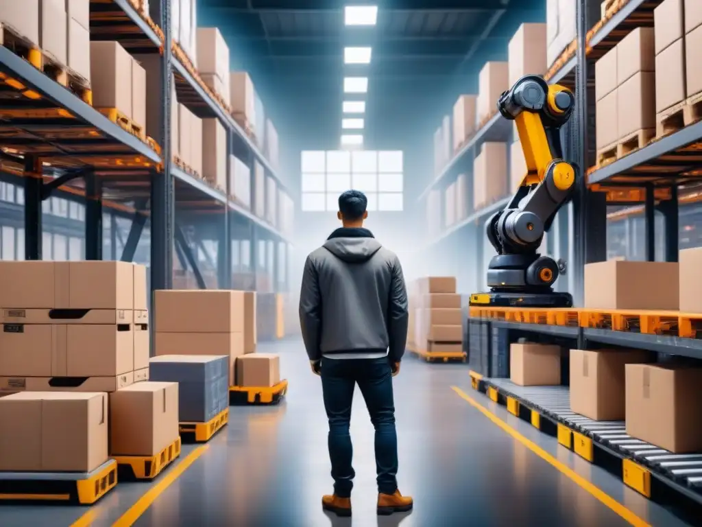 Un almacén futurista con gestión eficiente de paquetes y tecnología de inteligencia artificial