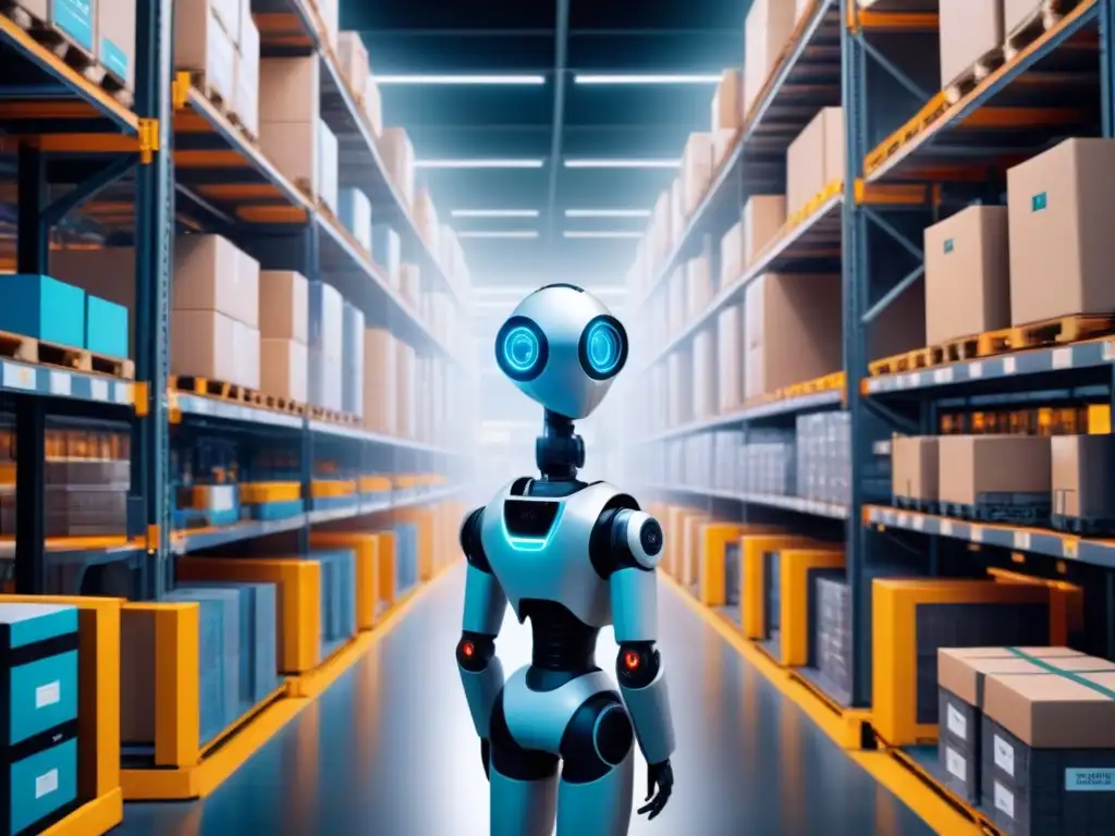 Almacén futurista: automatización inteligente con IoT Un almacén futurista con estanterías llenas de productos, robots trabajando y pantallas mostrando datos de logística inteligente con sensores IoT