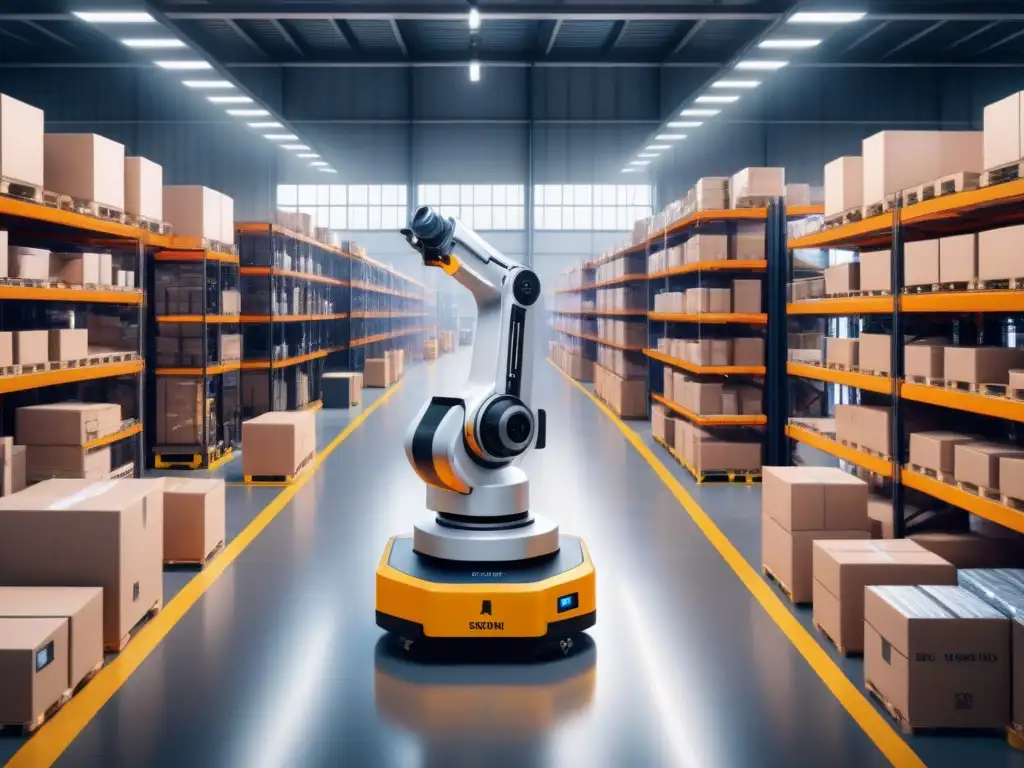 Un almacén futurista muestra estrategias inteligentes para previsión, con robots y tecnología AI en plena acción