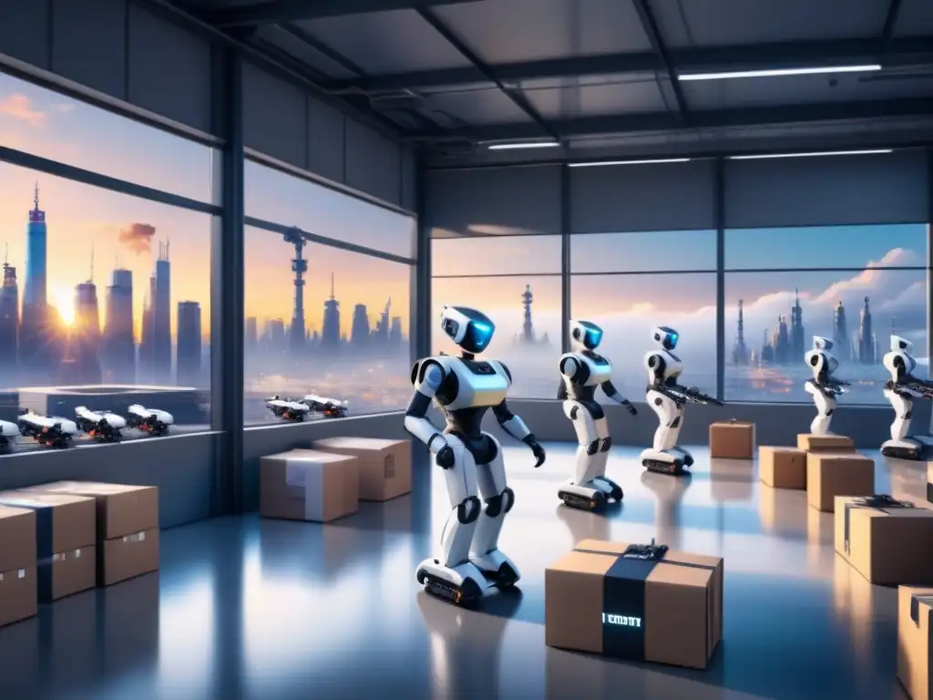 Almacén futurista: Robótica y drones revolucionando la logística Un almacén futurista lleno de brazos robóticos y drones trabajando juntos, mostrando innovación en modelos de negocio logístico innovadores