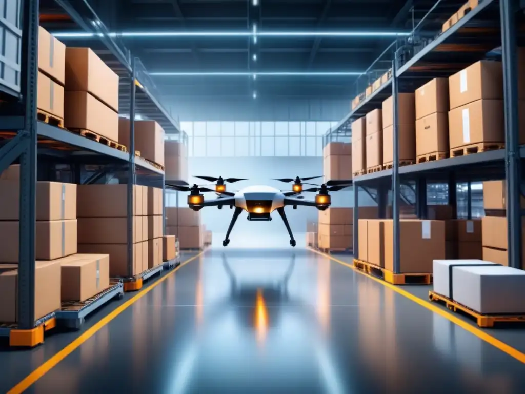 Centro logístico futurista: drones y robots eficientes Un almacén futurista lleno de drones y brazos robóticos ordenando paquetes eficientemente