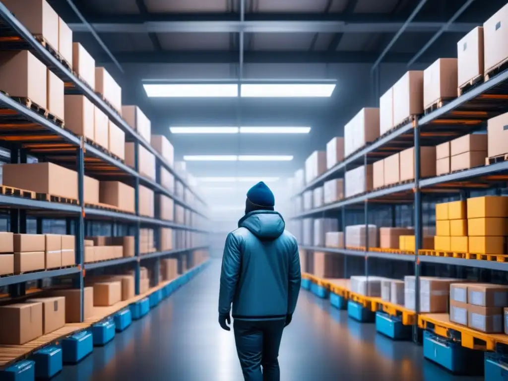 Almacén del Futuro: Eficiencia y Tecnología AI en Logística Fría Un almacén futurista lleno de productos perecederos organizados por sistemas de IA en cadena de frío