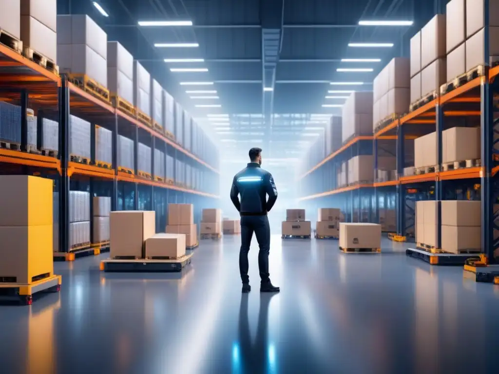 Almacén futurista: tecnología de vanguardia para protección de datos Un almacén futurista lleno de robótica avanzada y sistemas automatizados, con soluciones innovadoras en protección de datos en logística