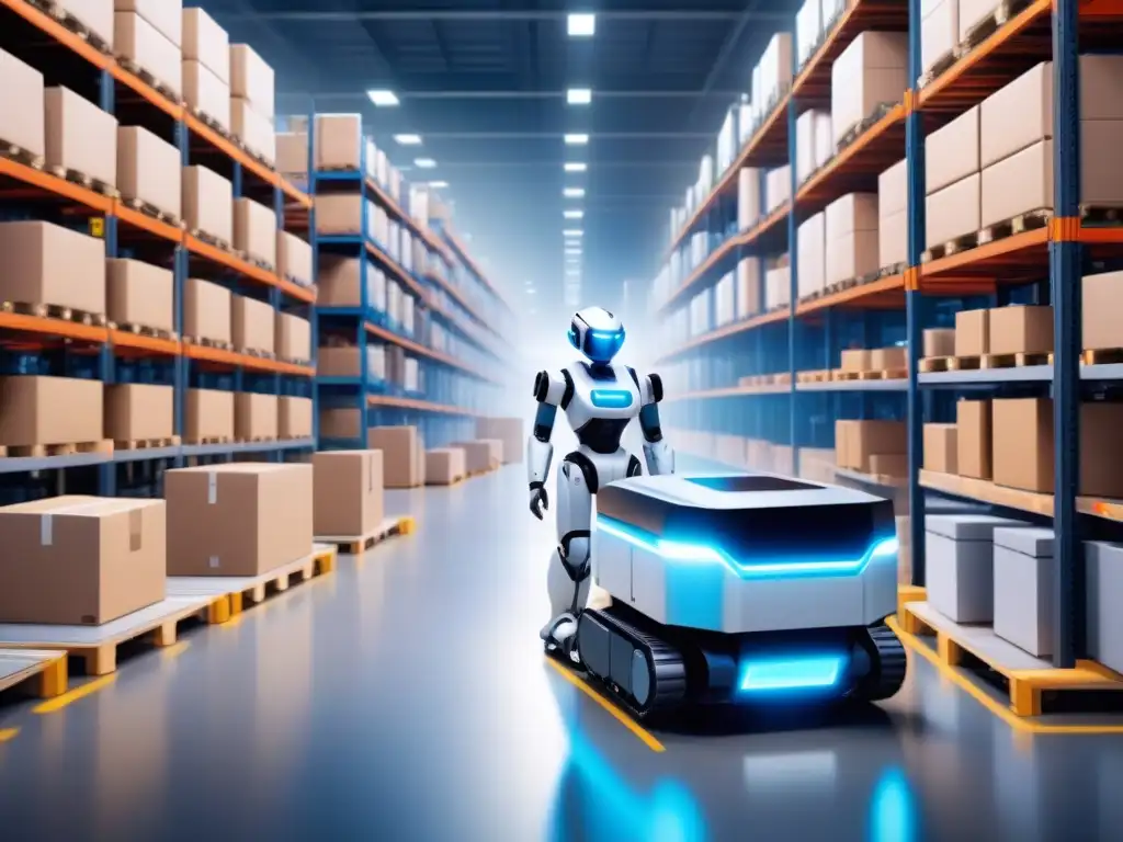 Almacén futurista: robots autónomos en acción Un almacén futurista lleno de robots autónomos organizando inventario