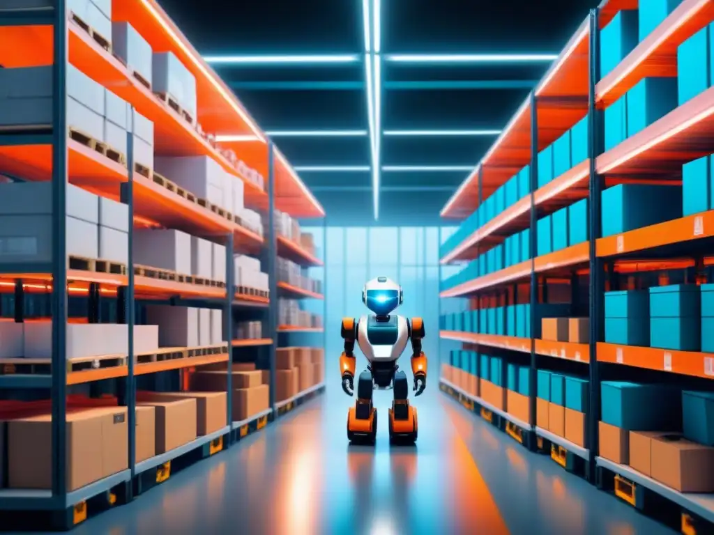 Almacén del futuro: robots autónomos en acción Un almacén futurista lleno de robots autónomos moviéndose eficientemente, iluminado por una luz suave