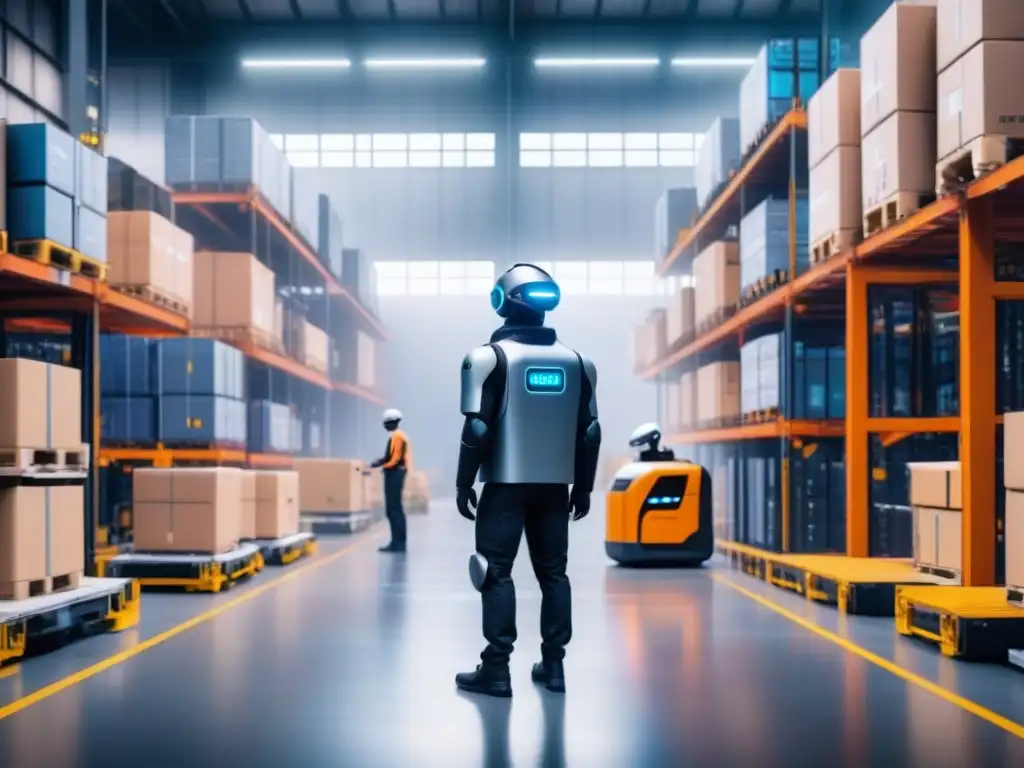 Almacén futurista: humanos y robots trabajando en armonía Un almacén futurista lleno de robots autónomos y drones, coordinados por un software de gestión logística innovador