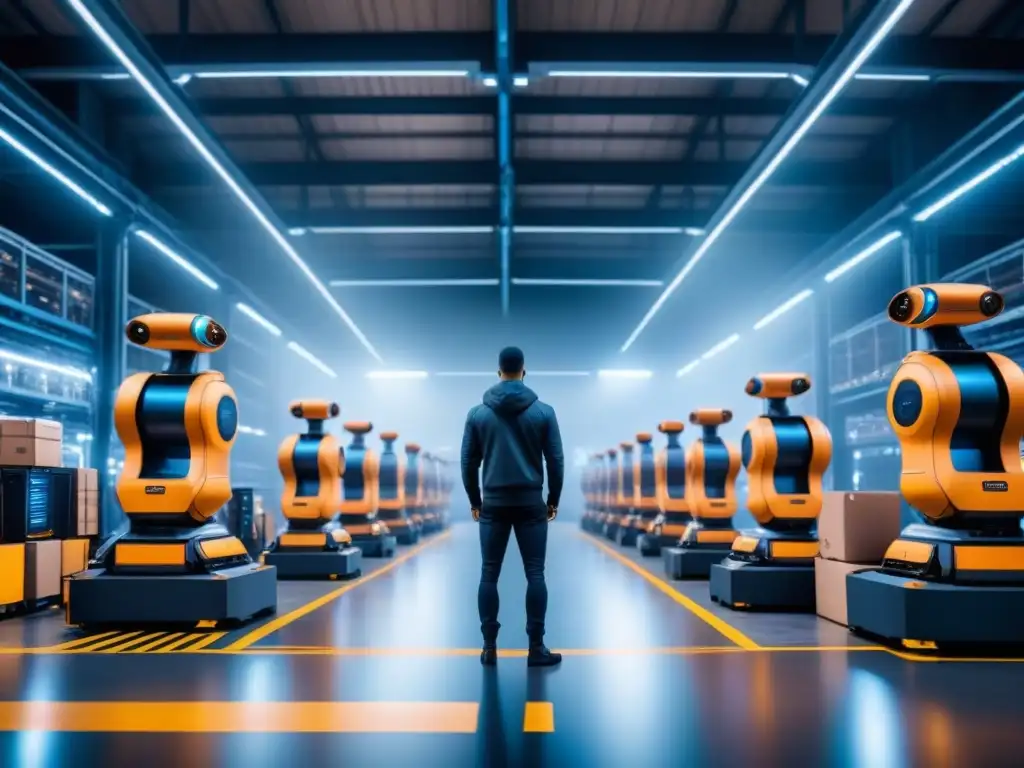 Almacén logístico futurista con robots automatizados y IA Un almacén futurista con IA en pronóstico de demanda, robots y monitoreo avanzado
