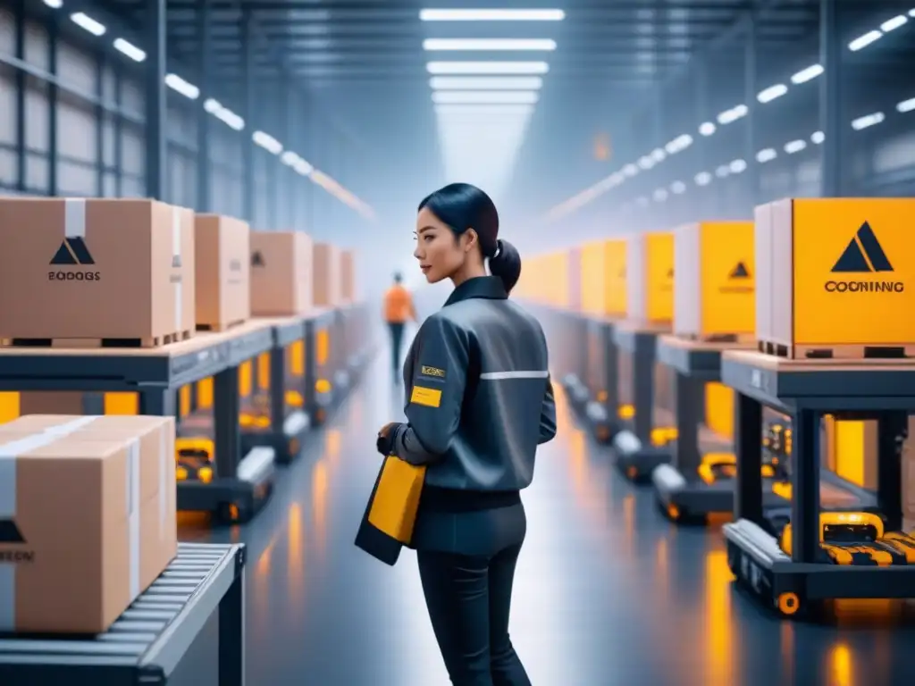 Almacén del futuro: Robots y email marketing revolucionando la logística Un almacén futurista con robots automáticos organizando paquetes mientras trabajadores supervisan en pantallas digitales