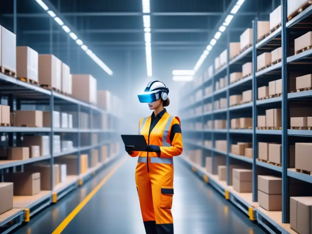Almacén futurista: robots y humanos trabajando en armonía Un almacén futurista con robots automatizados y supervisores en equipo de seguridad