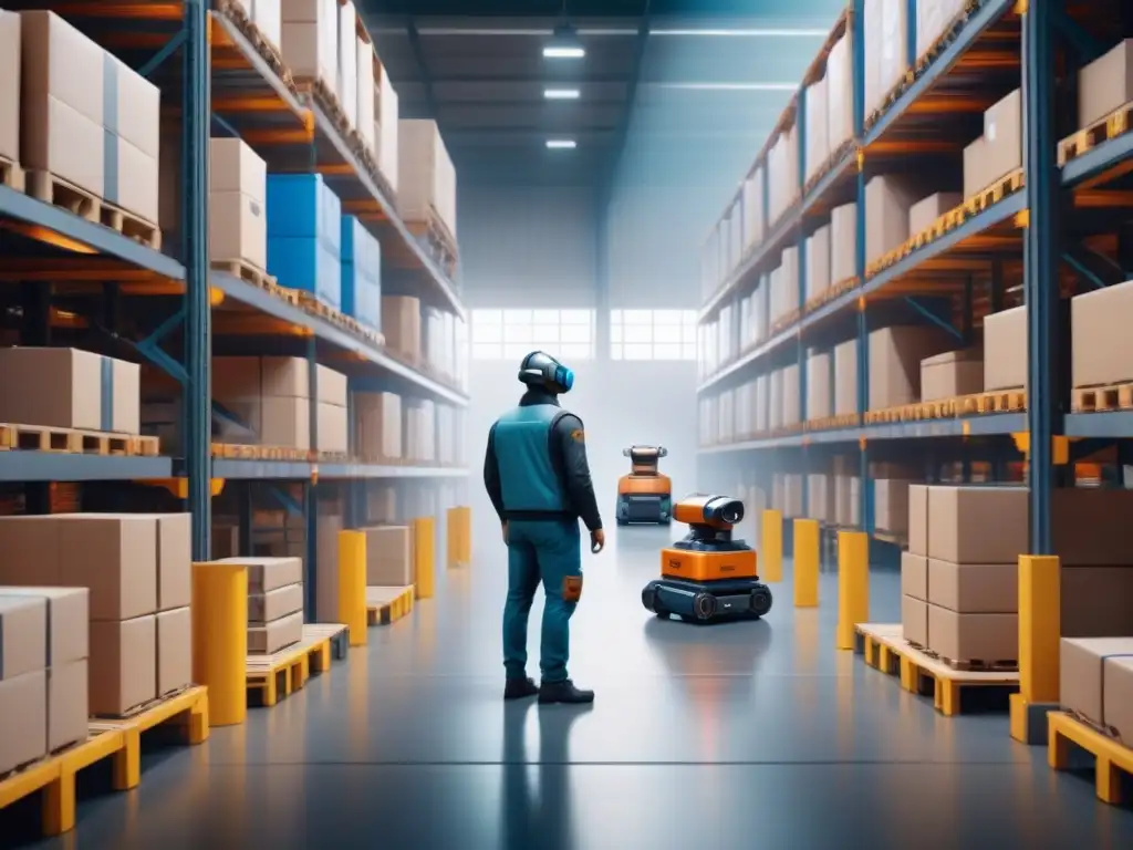 Almacén del futuro: robots autónomos y eficiencia AI en acción Un almacén futurista con robots autónomos trabajando junto a humanos, representa la integración de la inteligencia artificial en logística futura