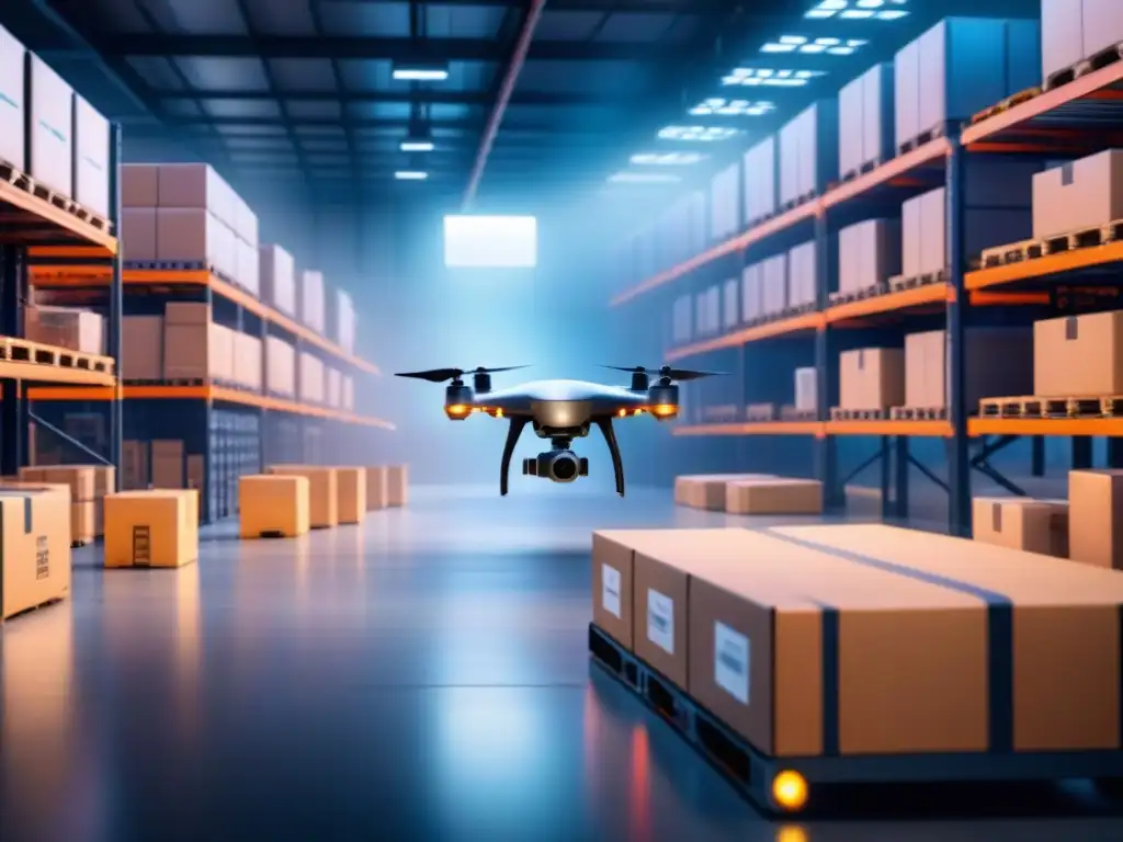 Almacén futurista: robots y drones revolucionan logística Un almacén futurista con robots avanzados y sistemas automatizados trabajando juntos en operaciones logísticas