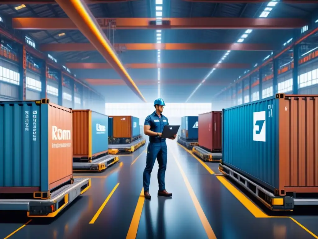 Centro logístico futurista en Asia: robots AI y profesionales gestionan eficazmente la operación Un almacén futurista en Asia con robots de IA moviendo contenedores, profesionales supervisando operaciones