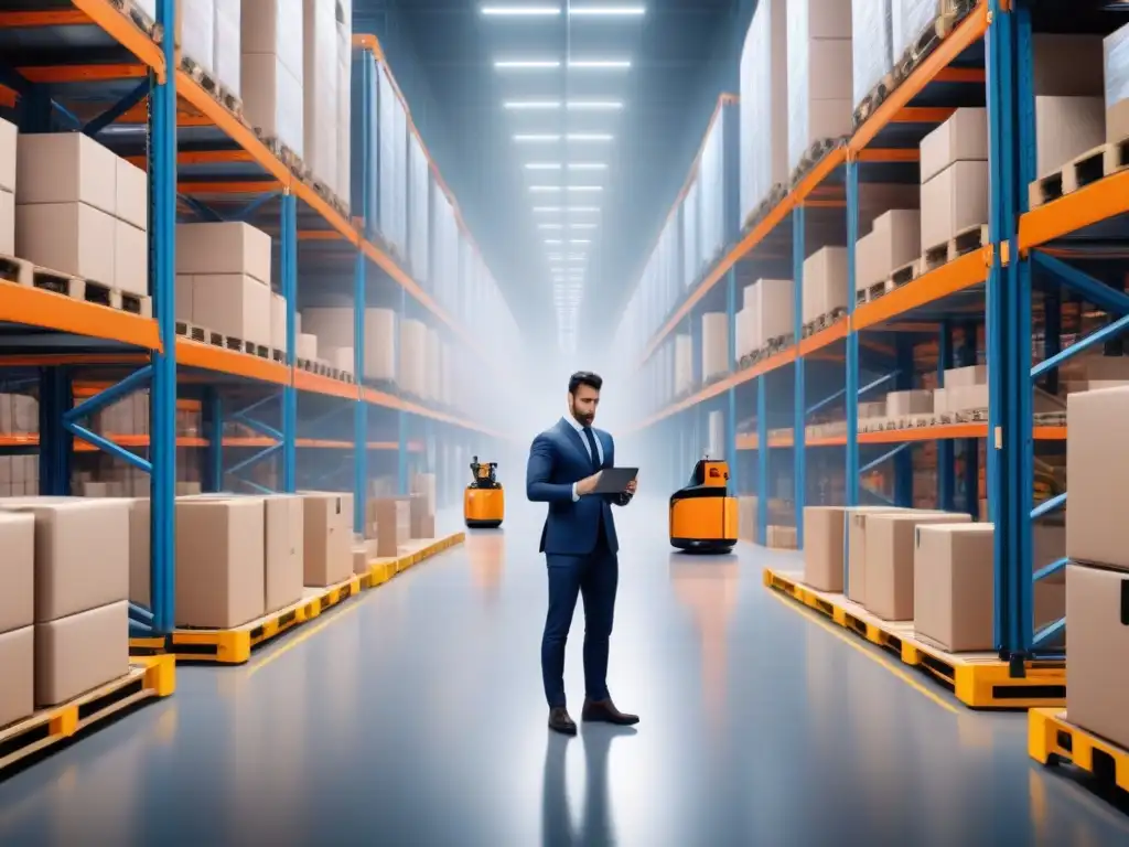 Almacén del futuro: Robótica y drones en perfecta armonía Un almacén futurista con robots, drones y tecnología digital en perfecta sincronización