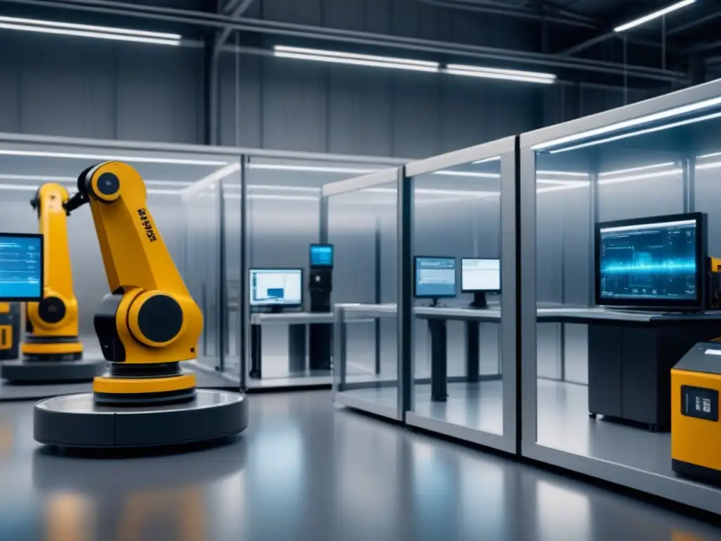 Almacén del futuro: Robótica protegiendo productos con precisión Un almacén futurista con robots protegiendo productos en estuches transparentes