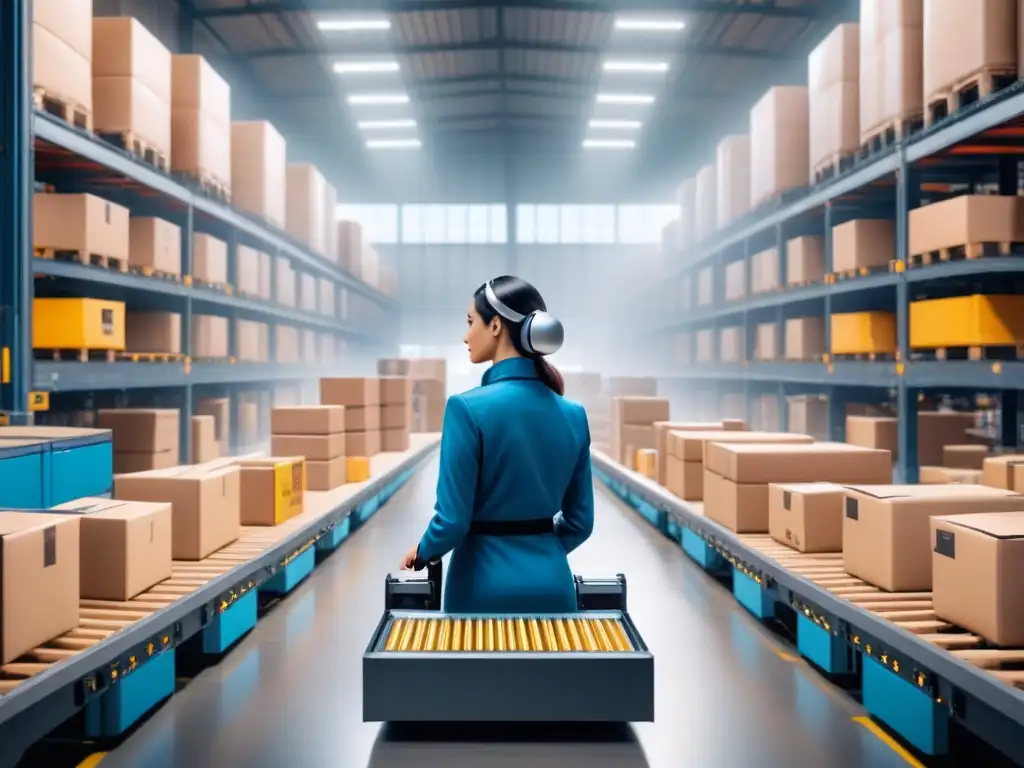 Almacén del futuro: robots y automatización en acción Un almacén futurista con robots y sistemas automatizados trabajando juntos en gestión logística almacenes transformación digital