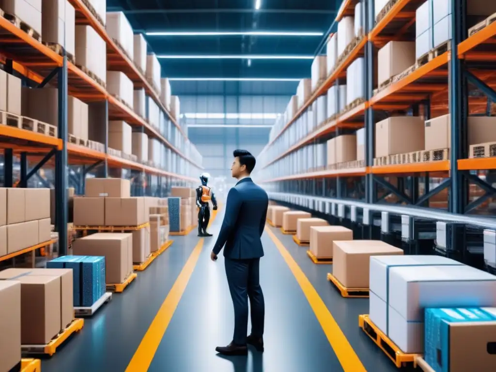 Almacén futurista en Asia: robots y tecnología avanzada Un almacén futurista en Asia con robots y trabajadores monitoreando datos