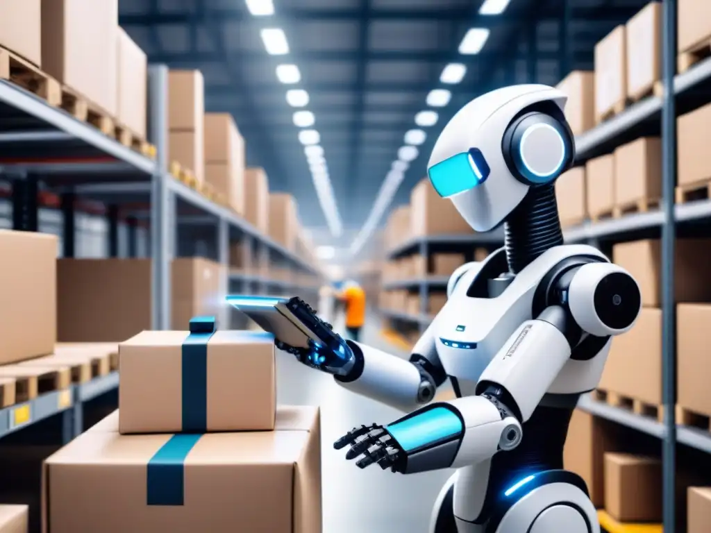Un almacén futurista con robots y trabajadores usando inteligencia artificial en la integración logística inversa