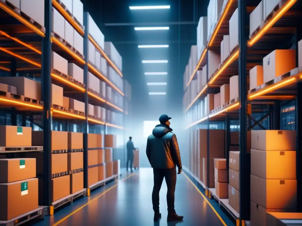 Almacén del Futuro: Tecnología Acústica Avanzada Un almacén futurista con sensores acústicos en logística supervisando el inventario y operaciones precisas
