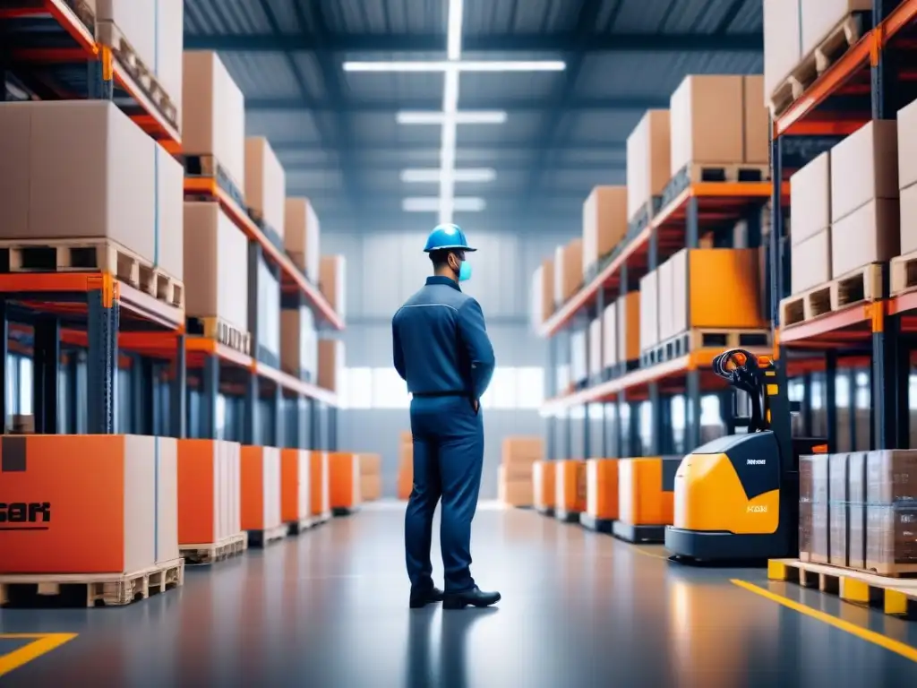 Un almacén futurista con tecnología avanzada de IA y robótica optimizando la cadena de suministro con estrategias inteligentes para previsión