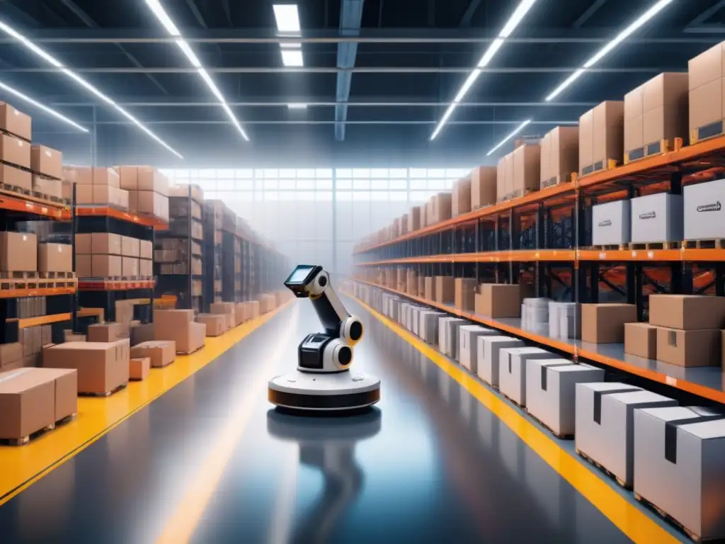 Robot arm: eficiencia en almacén de Amazon Un almacén futurista con robótica de vanguardia en plena acción, destacando la eficiencia y la innovación en la gestión del almacén