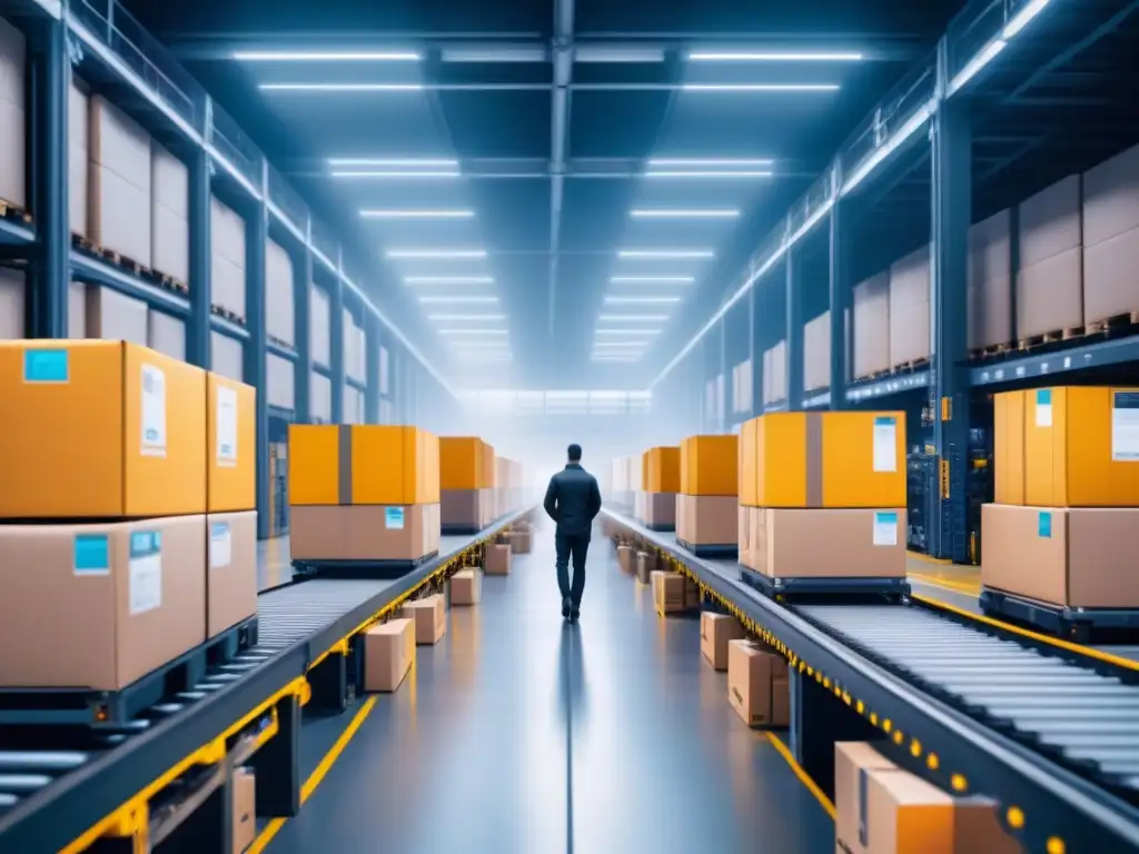 Almacén automatizado de última generación: eficiencia e innovación Un almacén del futuro con tecnología de vanguardia: robots, cintas transportadoras y monitores mostrando inventario en tiempo real