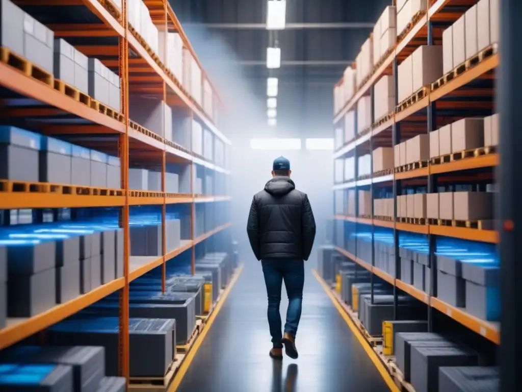 Almacén industrial high-tech con impresoras 3D revolucionarias Un almacén industrial lleno de estanterías con productos y trabajadores usando impresoras 3D en logística innovadora