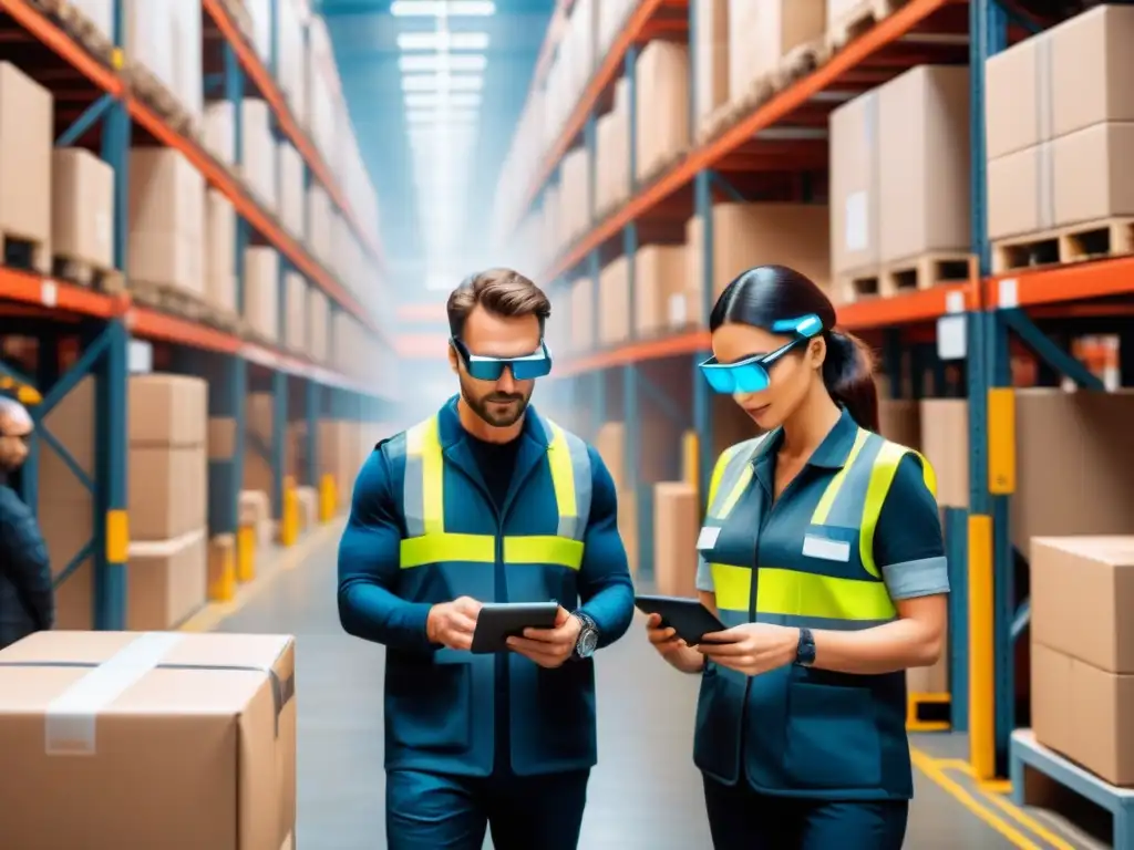 Almacén tecnológico: integración de wearables en logística Un almacén lleno de actividad con trabajadores usando wearables innovadores como gafas inteligentes y relojes, gestionando inventario