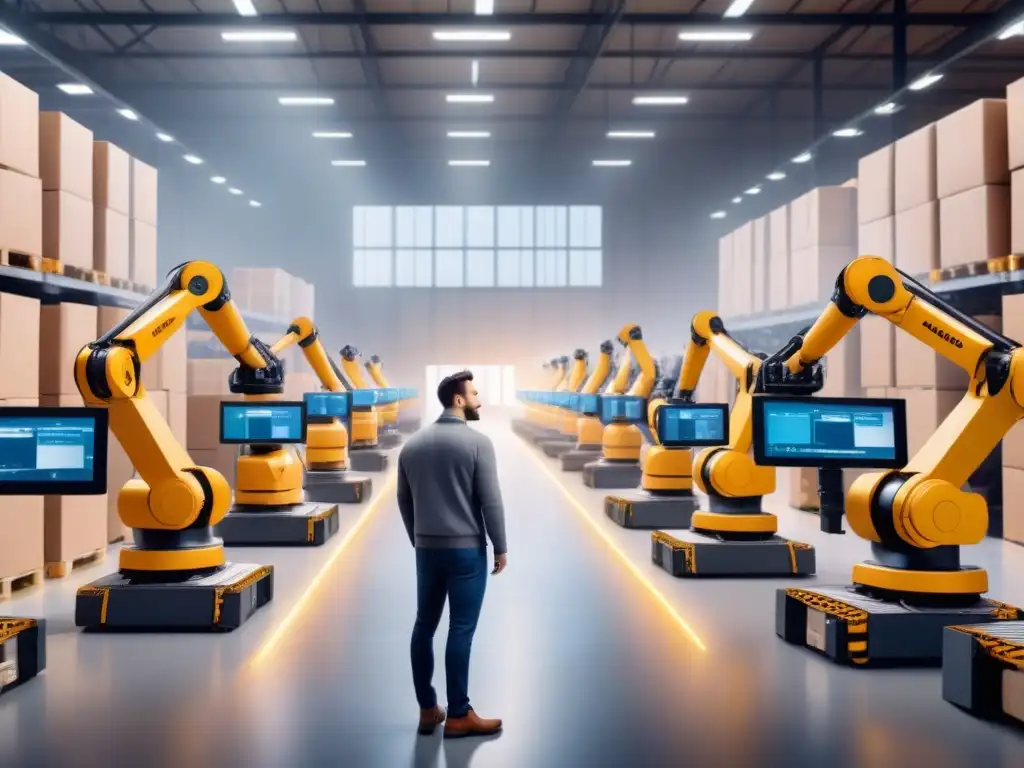 Robots de visión eficiente en almacén Un almacén lleno de brazos robóticos con sistemas visión eficientes, optimizando la logística