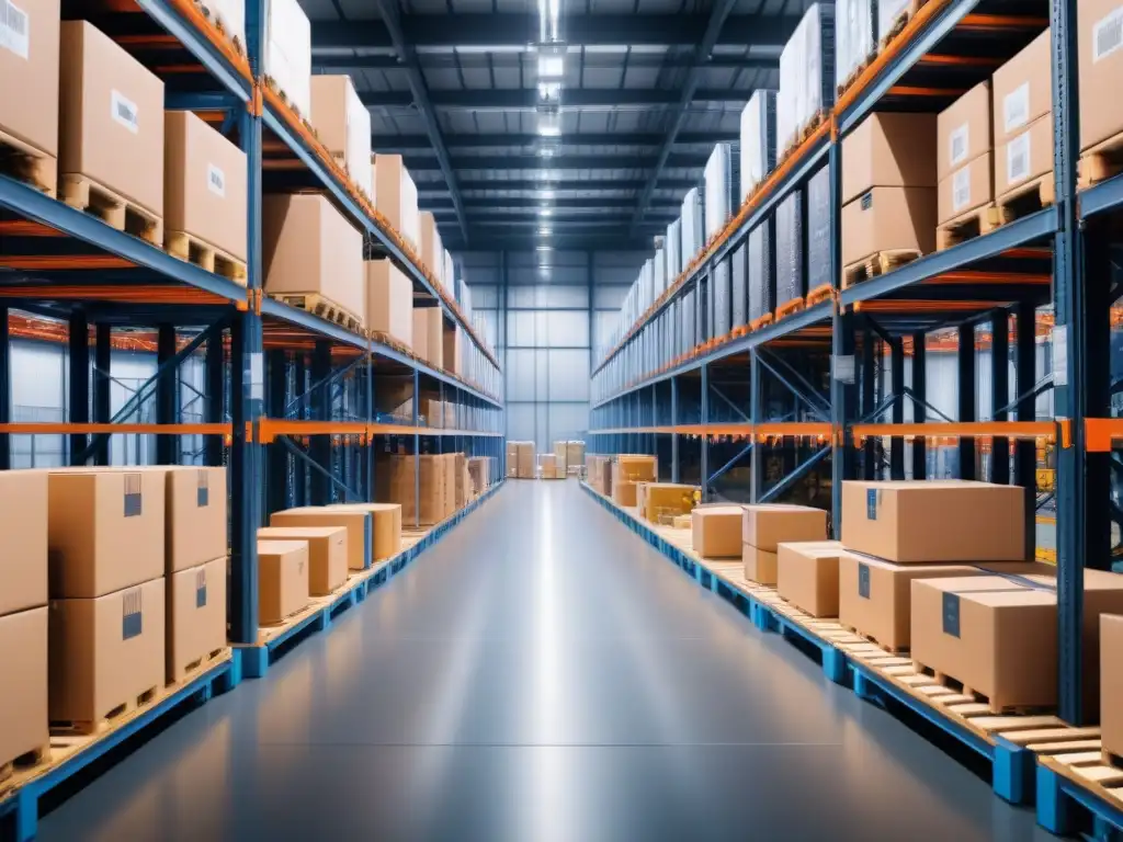 Un almacén lleno de estantes con cajas y sensores avanzados en logística