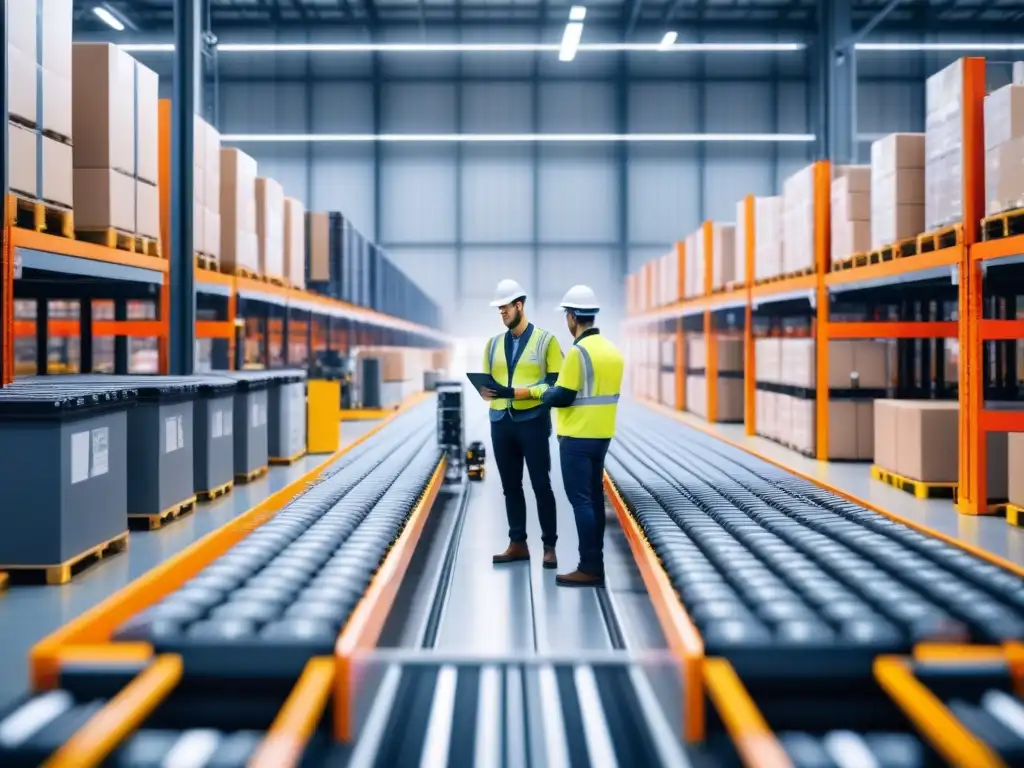 Almacén del futuro: robots y tecnología avanzada en logística Un almacén lleno de robótica avanzada moviendo productos en cintas transportadoras, trabajadores con tablets y gafas inteligentes
