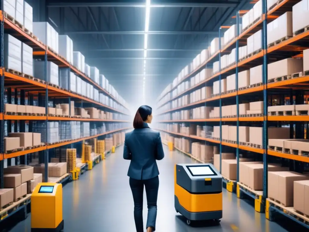 Almacén inteligente: tecnología y humanos optimizan la cadena de suministro Un almacén lleno de vida con robots, trabajadores y tecnología, optimizando cadenas de suministro con Big Data
