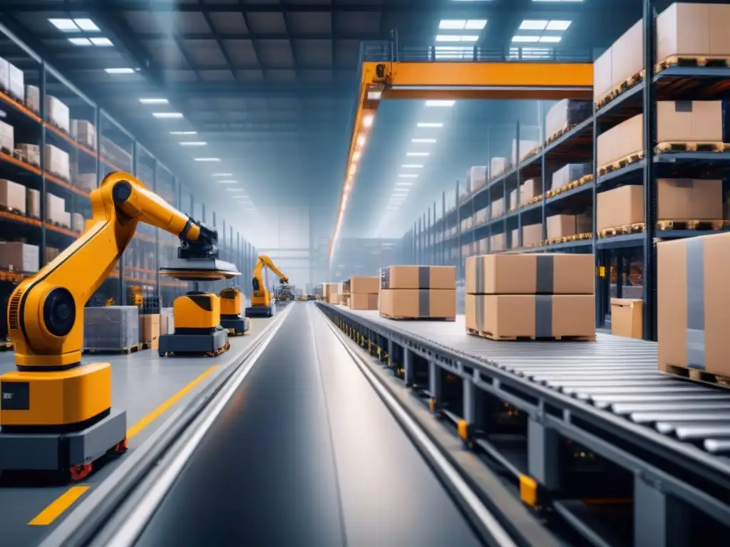 Almacén automatizado: eficiencia y tecnología de vanguardia Un almacén logístico automatizado de última generación con robots, cintas transportadoras y trabajadores supervisando el proceso