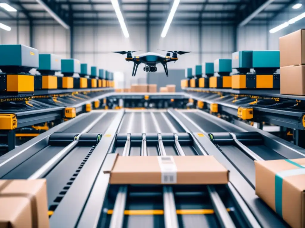 Almacén logístico del futuro: IA optimiza procesos Un almacén logístico bullicioso con brazos robóticos y drones de IA gestionando la cadena de suministro