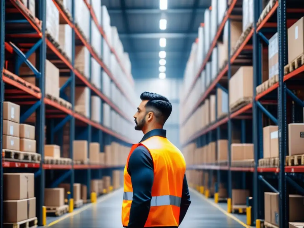 Almacén logístico inteligente: humanos y tecnología en armonía Un almacén logístico bullicioso con estanterías llenas de cajas, operarios en chalecos de seguridad, paneles de control digital y tecnología avanzada