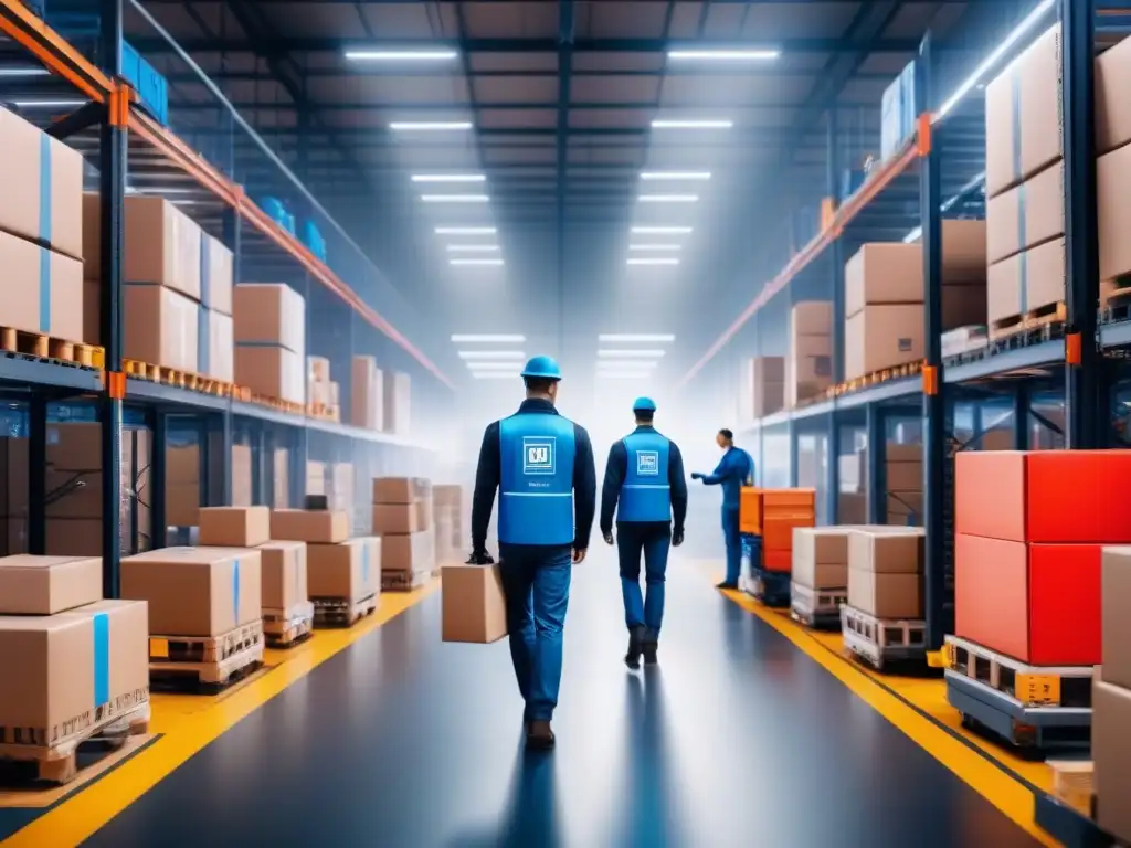Almacén logístico automatizado: humanos y robots trabajando en equipo Un almacén logístico bullicioso lleno de robots automatizados y trabajadores humanos, trabajando juntos para optimizar la eficiencia