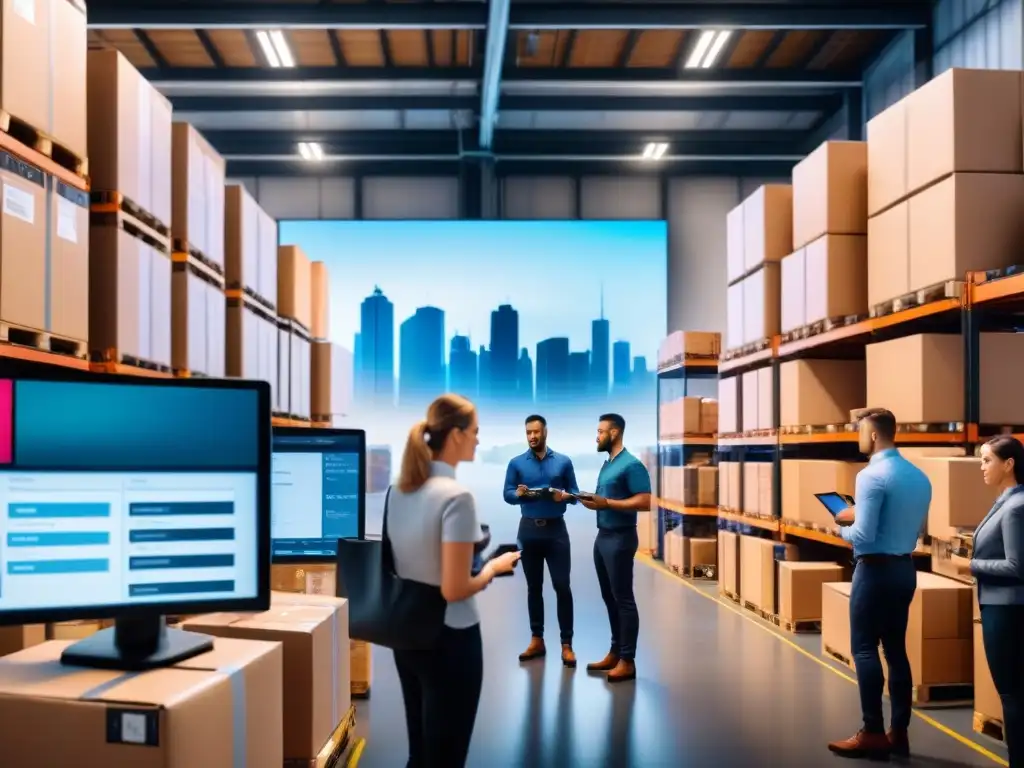 Centro logístico con IoT: datos en tiempo real y eficiencia Un almacén logístico bullicioso con IoT en logística: análisis en tiempo real